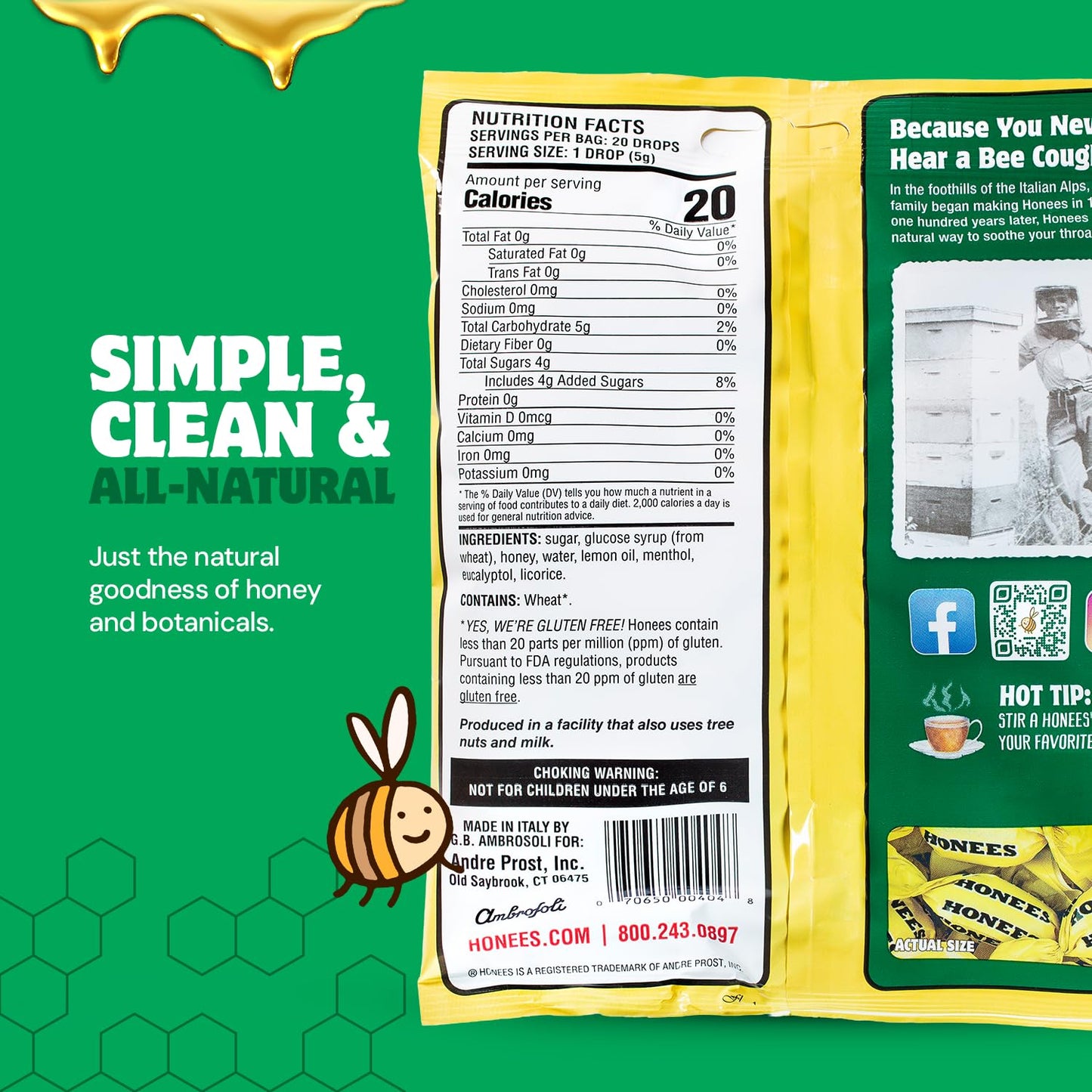 Honees Filled Honey Lemon Cough Drops- Filled with Honey, Menthol, Lemon and Eucalyptus - Nothing Artificial -Natural Sore Throat Lozenges- Non-GMO (1 Pack – 20 Drops)