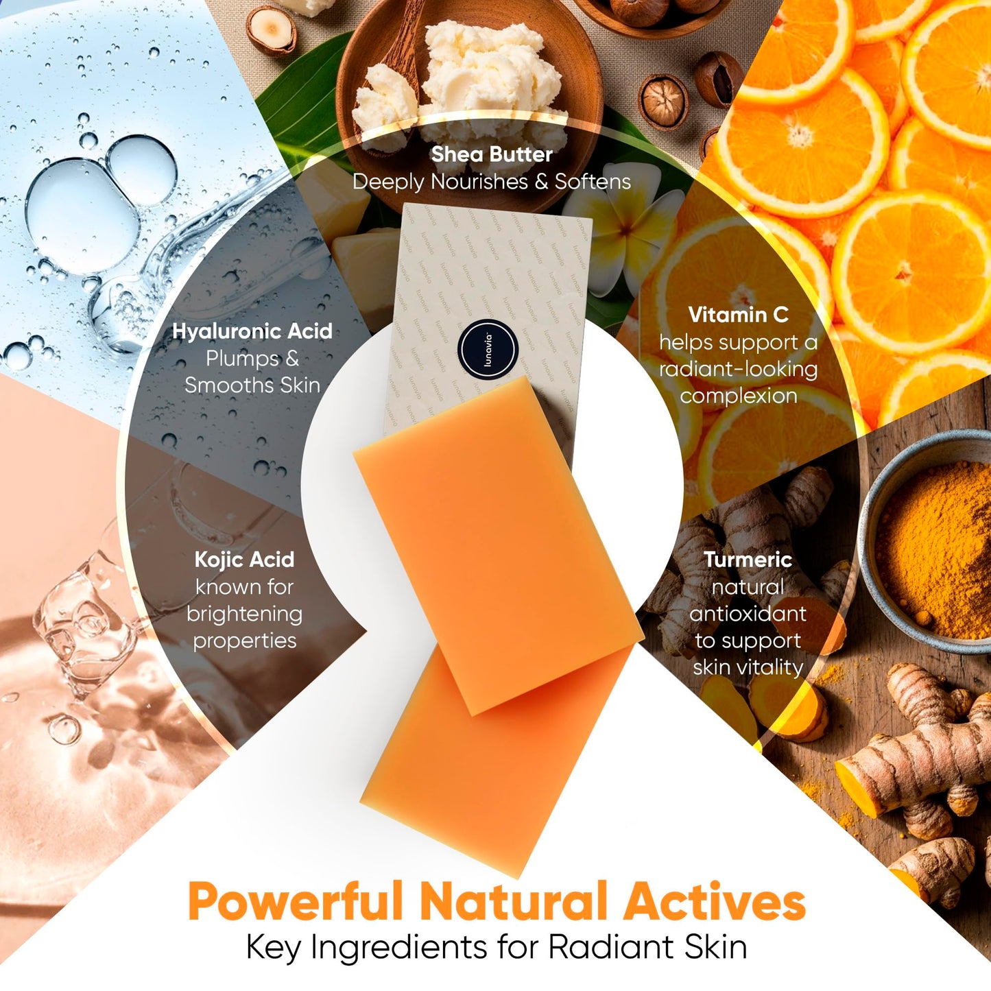 lunavia Kojic Acid Complexion Brightening Soap Bar with Vitamin C, Turmeric, Retinol, Collagen & Hyaluronic Acid – Brightening Face & Body Soap – Supports Brighter Skin, Even Skin Tone – 3 Pack