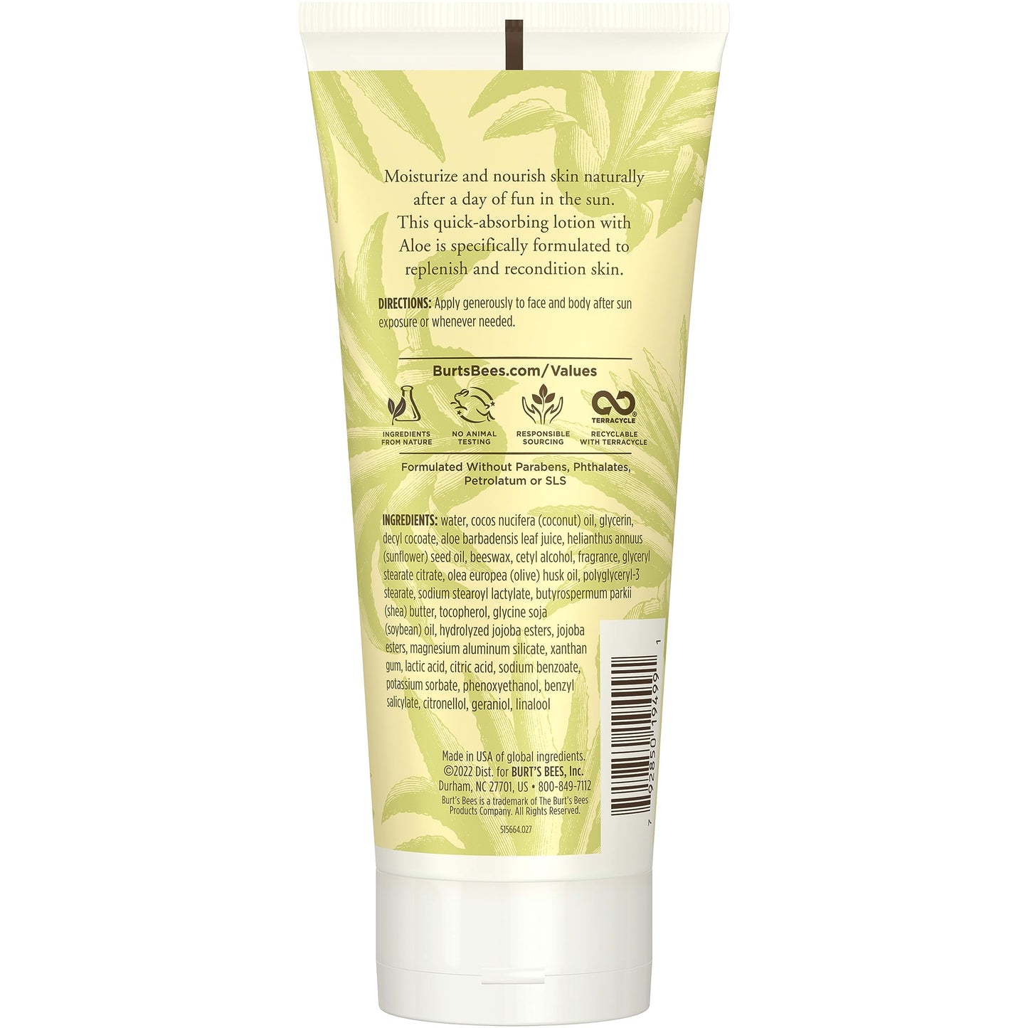 Burt's Bees After Sun Lotion with Hydrating Aloe Vera and Coconut Oil, Replenish and Recondition skin, Sunburn Relief, Natural Origin After Sun Soother, 6 oz. Tube