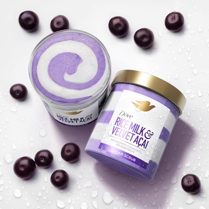 Dove Sugar Body Scrub - Velvet Acai & Rice Milk Exfoliator | 15 oz for Hydrated Skin