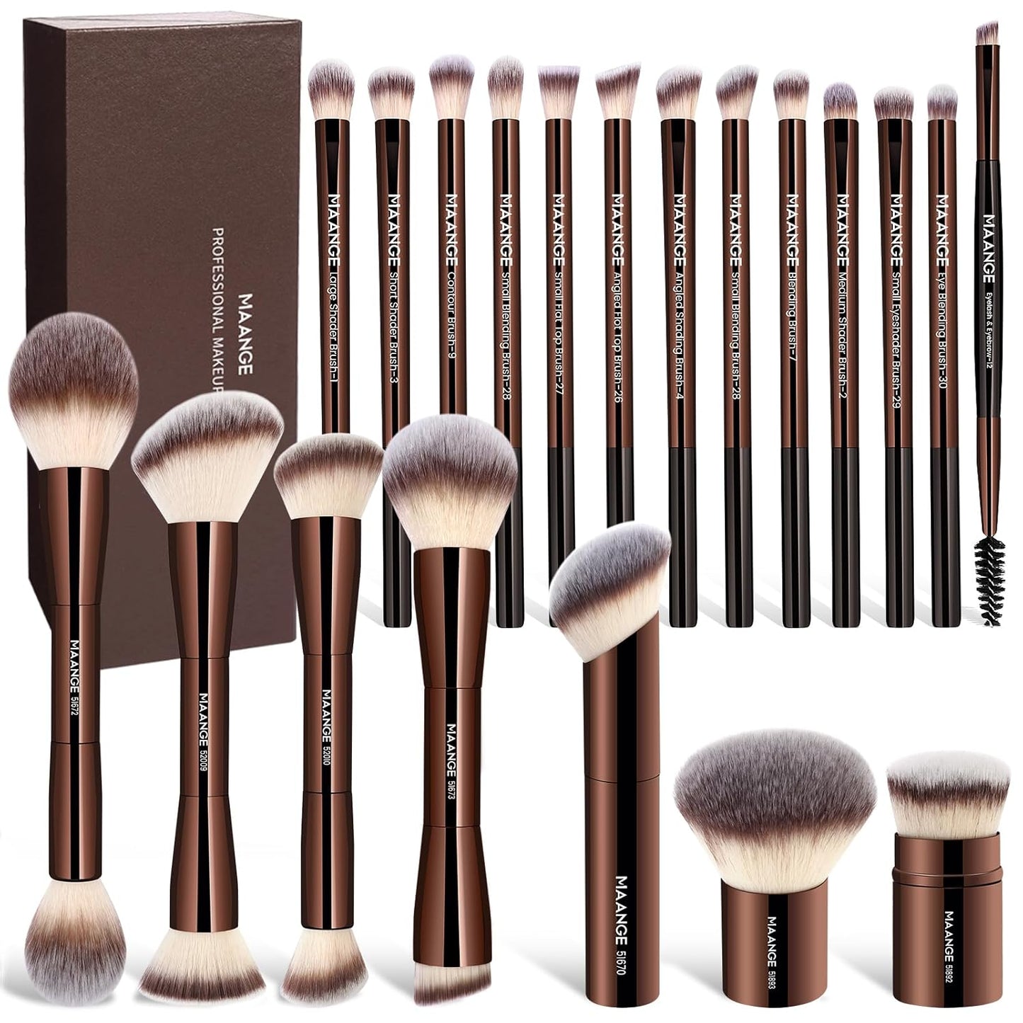 MAANGE 20 Pcs Makeup Brushes Set - Double-End Multi-Functional Blending Brushes | Coffee Brown