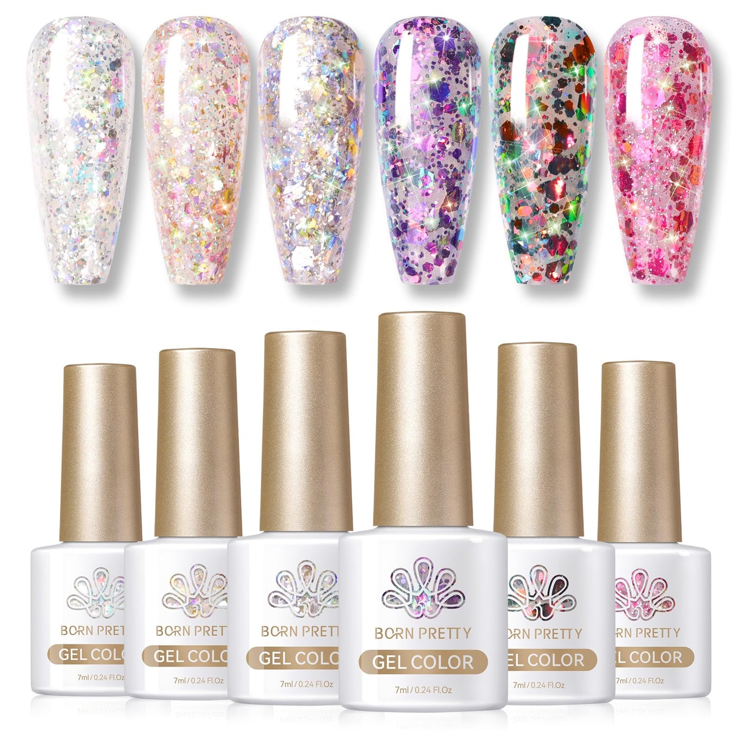 Born Pretty Glitter Sequins Gel Nail Polish, 6 Colors Pink Yellow Sparkly