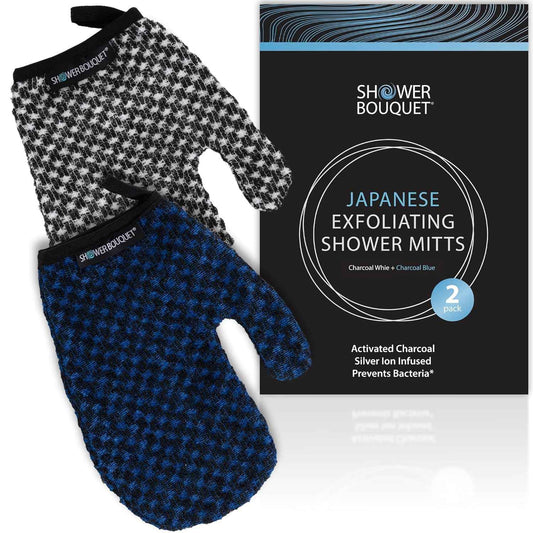 Japanese Exfoliating Mitt 2-Pack - Charcoal & Silver Ion Exfoliating Gloves for Shower - Soft Inner Fabric Gentle Exfoliation & Deep Cleansing Body Scrub Gloves for All Skin Types - 1 White, 1 Blue