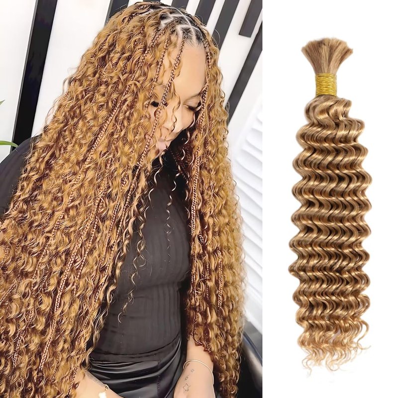 12A #27 Honey Blonde Human Braiding Hair for Boho Braids 1 Bundle 22 Inch 50g Deep Wave Braiding Hair for Bohemian Knotless Braids 100% Unprocessed Virgin Bulk Hair Extensions No Weft