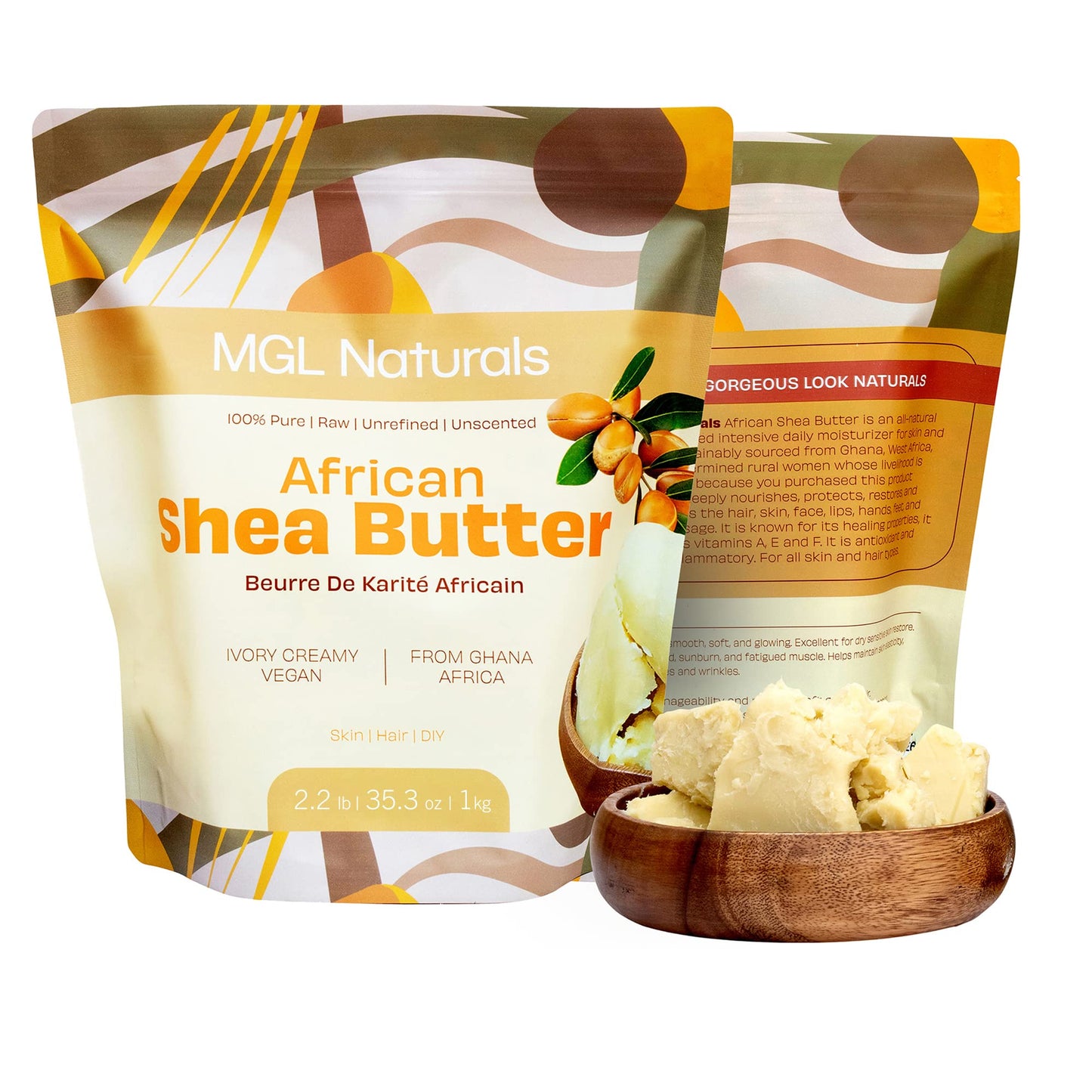 MGL Naturals Raw African Shea Butter Ivory 2.2 lb, 100% Pure, and Unrefined. Nourish and moisturize hair and skin. Use alone or DIY recipes. From Ghana, West Africa. (2.2 lb | 1 kg | 35.3 oz)