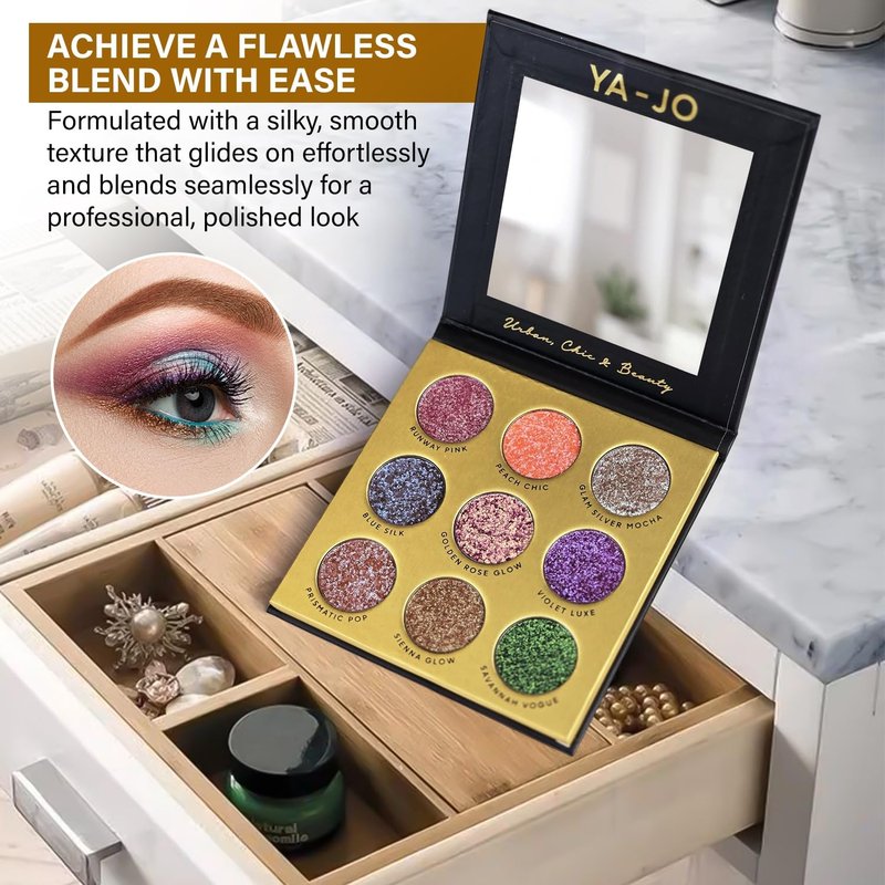 YA-JO 9-Color Multichrome Eyeshadow Palette - Ultra-Pigmented, Long-Lasting, & Water Proof Eye Shadow - Blendable & Shimmering Metallic Eyeshadow for All Skin Tones - Perfect for Day-to-Night Looks