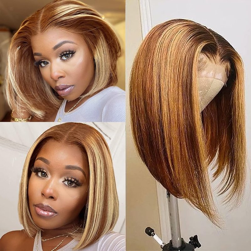 Highlight Ombre Lace Front Wig - 10 Inch Human Hair Bob Wig for Black Women | 150% Density, 13x4 Transparent Lace