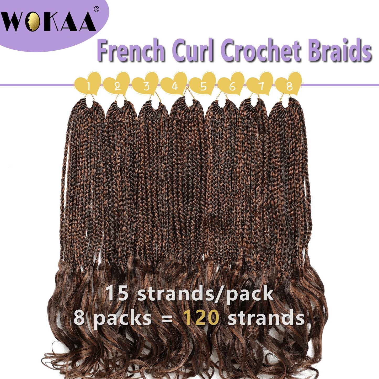 WOKAA French Curly Braiding Hair Pre looped 18 Inch 8 Packs Crochet Hair for Women Dark Brown mix Brown Crochet Box Braids with Curly Ends Synthetic Hair Extensions P4/30#