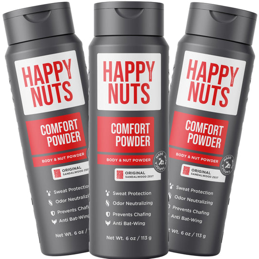 HAPPY NUTS Comfort Powder Deodorant For Men: Anti-Chafing Sweat Defense, Odor Control, Aluminum-Free, 6 oz (3 Pack), Original Scent