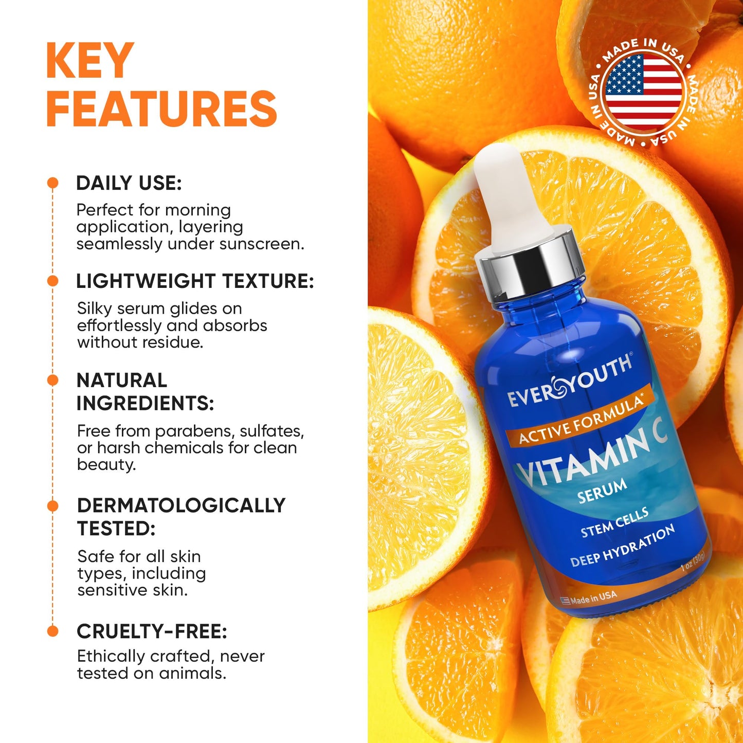 Vitamin C Serum for Face, Stem Cells, Niacinamide, Hyaluronic Acid & Vitamin E - Anti-Aging Retinol Facial Serum with Glycolic Acid & Retinal for Brightening, Hydrating & Firming Skin - Made in USA
