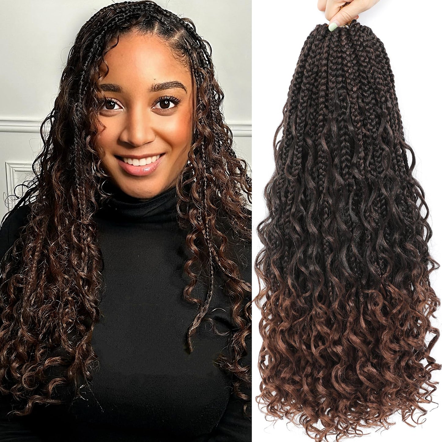 9 Packs Boho Goddess Box Braids Crochet Hair Bohemian Box with Curly Ends Pre-Looped Synthetic Hair Extensions for Black Women(24 Inch,1B)