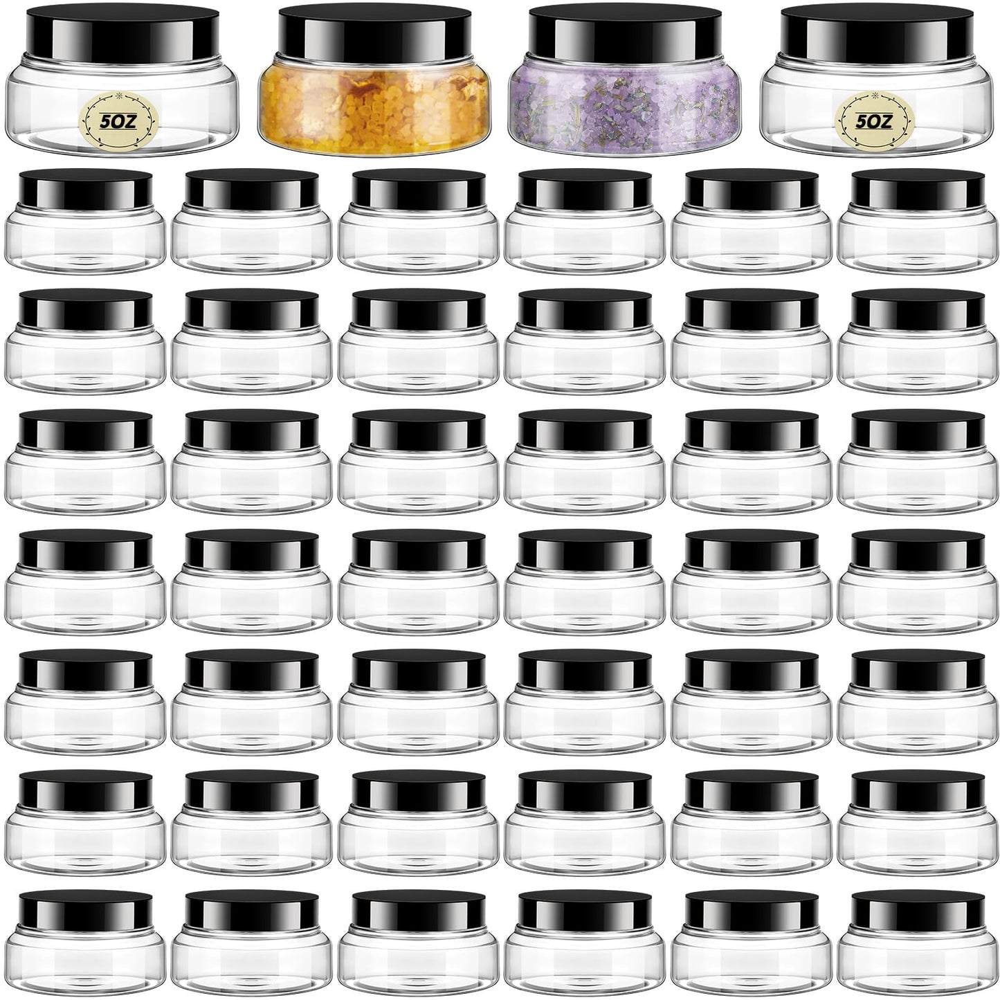 Tessco for you 48 Pack Plastic Jars with Lids Labels Multiuse Slime Containers Empty Body Scrub Jars Round Refillable Cosmetic Body Butter Container for Makeup (5 oz,Clear)
