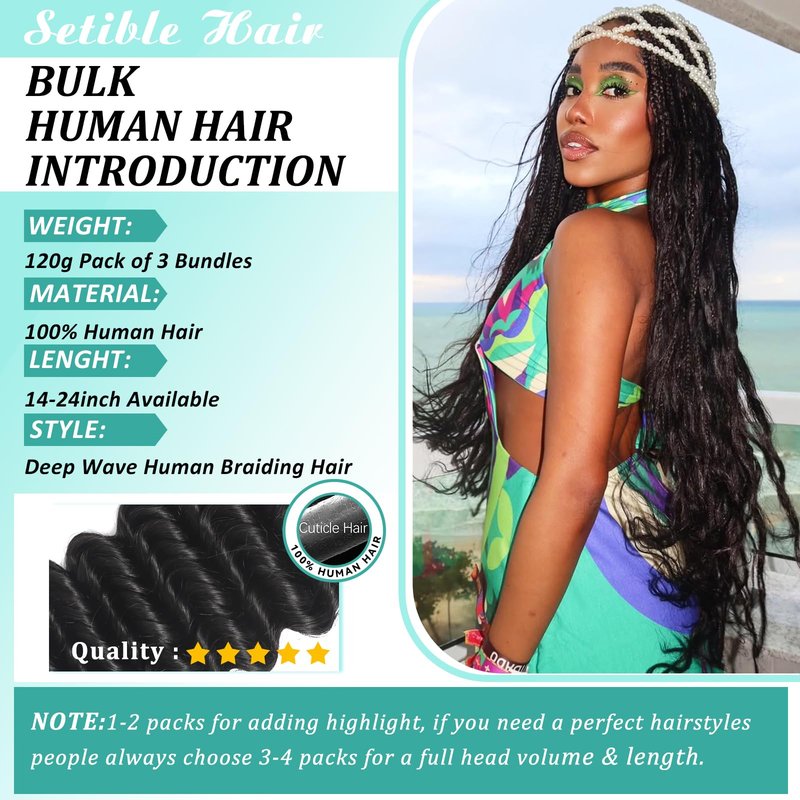 Human Braiding Hair for Boho Braids 16 Inch 120g Deep Wave Bulk Boho Human Hair for Braiding Curly Knotless Bohemian Braids 12A 100% Brazilian Virgin No Weft Extensions 3 Bundles/Pack Natural Black 1B