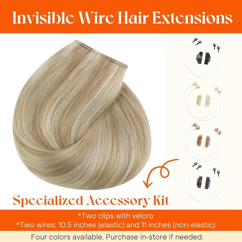 Real Human Hair Extensions - 18 Inch Soft Wire Hairpiece | Golden Blonde Highlights, Adjustable & Easy to Wear