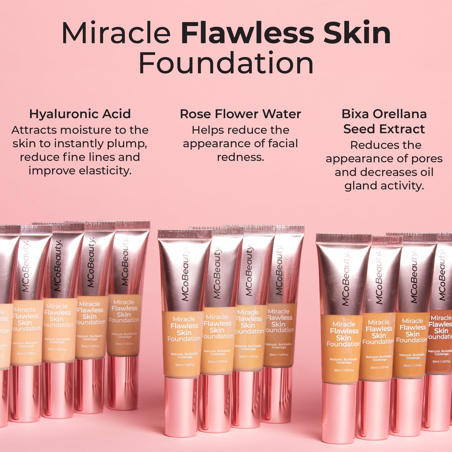 MCoBeauty Miracle Flawless Skin Liquid Foundation Natural Ivory - Buildable Medium Coverage Dewy Finish for All Skin Types - Hyaluronic Acid Coconut Water Rose Water Hydrating Face Makeup Vegan - 1