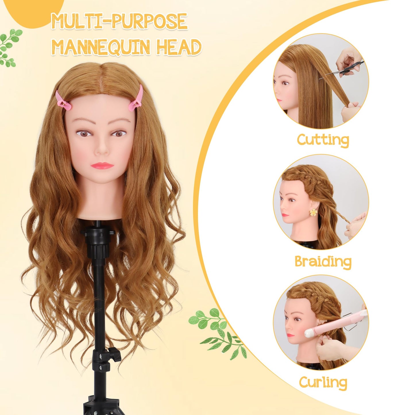 Mannequin Head with 80% Human Hair 26-28’’,Cosmetology Mannequin Practice Head with Human Hair, Doll Head for Braiding Hairstyling Cutting with Clamp Holder and Tools