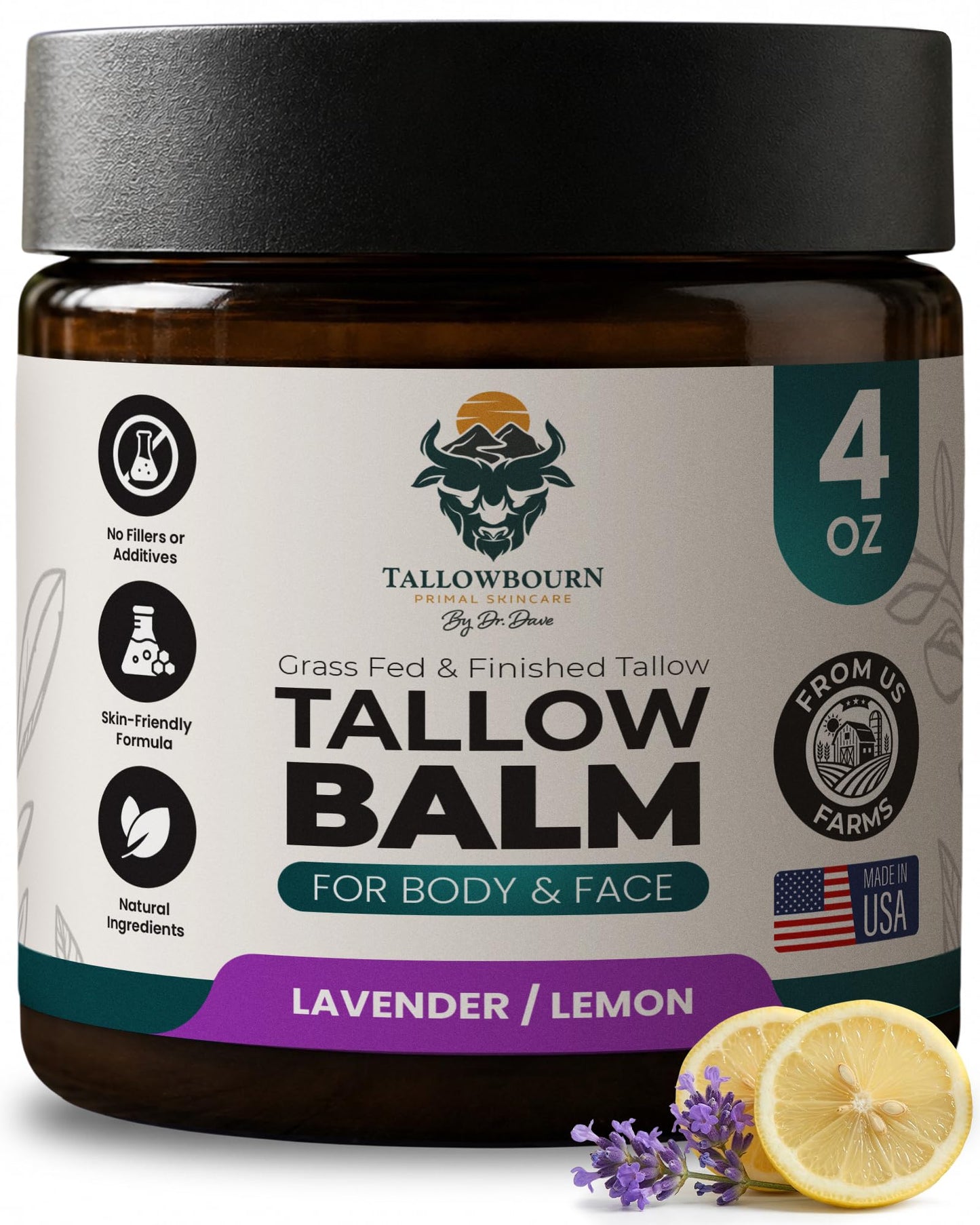 Tallowbourn Grass-Fed Beef Tallow Balm for Face & Body – Nourishing Moisturizer with Shea Butter, Jojoba Oil, Honey & Beeswax – Revitalizing Hydration for Dry Skin – Lavender and Lemon – 4 oz