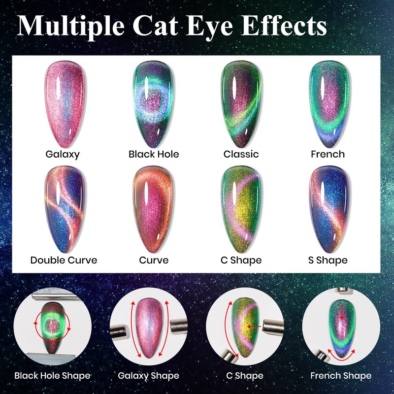 MIZHSE 9D Cat Eye Gel Nail Polish: Magnetic Gel Polish Set 10 ml 6 Colors with 2 Magnet Sticks, Chameleon Magic Galaxy Shiny Effect Cateye Nail Polish Soak off Nail Art Gift for Ladies