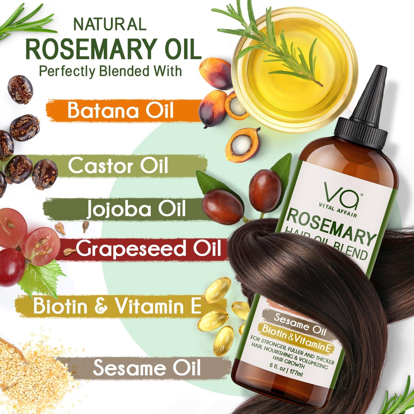 Blend Of Pure Rosemary Oil For Hair Growth With Castor, Batana, Jojoba Oil-Infused With Biotin & Vitamin E-Blend of Effective Hair Oils for Hair Growth-Strengthening Treatment-By Vital Affair-6 Fl Oz