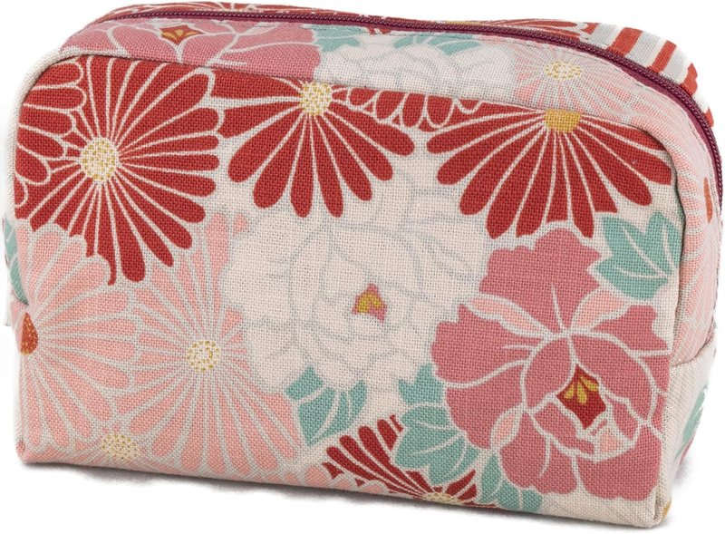 Small Makeup Bag - Retro Flower Red | Japanese Kimono Design Zipper Cosmetic Travel Pouch for Women & Girls