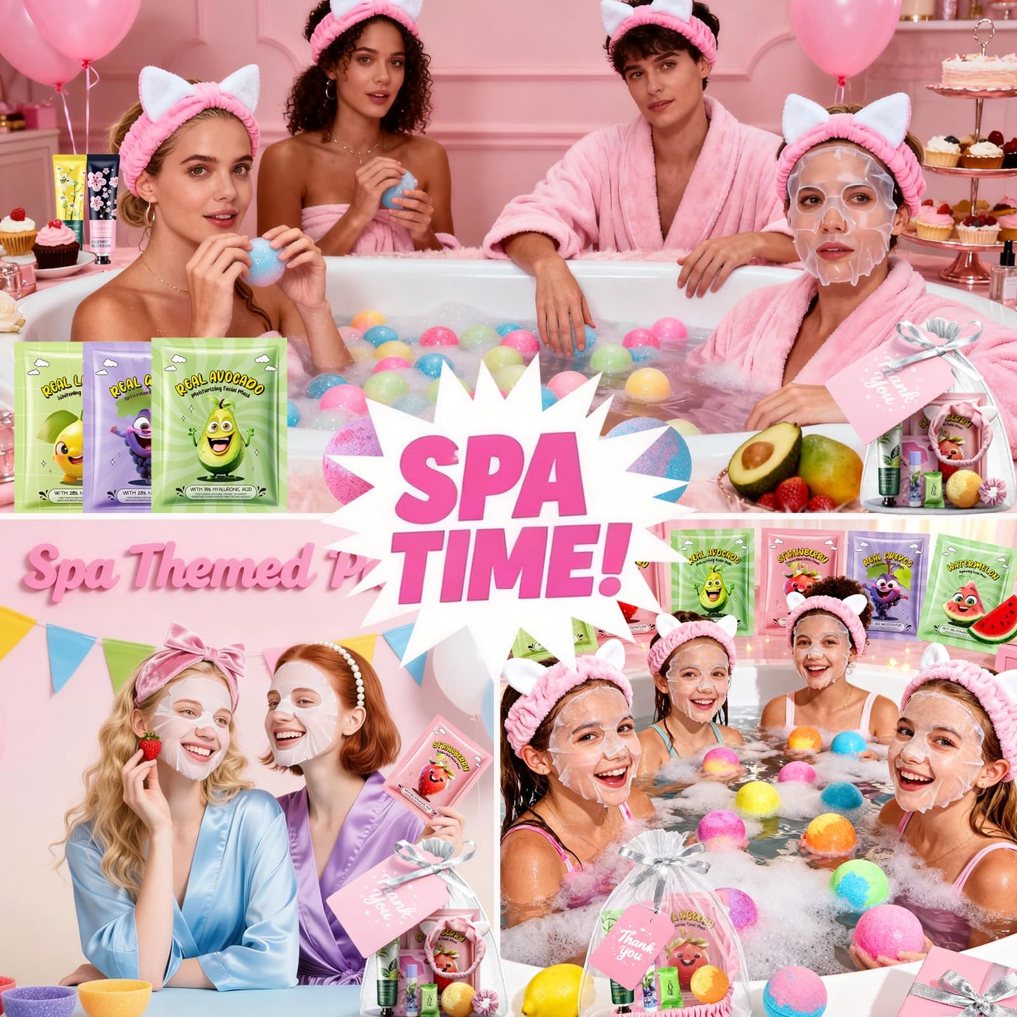 55PCS Spa Party Supplies for Girls, Spa Party Favors Face Masks, Hand Cream, Lip Balm, Lip Mask, Under Eye Patches, Foot Bath Bombs, Spa Birthday Sleepover Party Supplies, Spa Gifts for Women