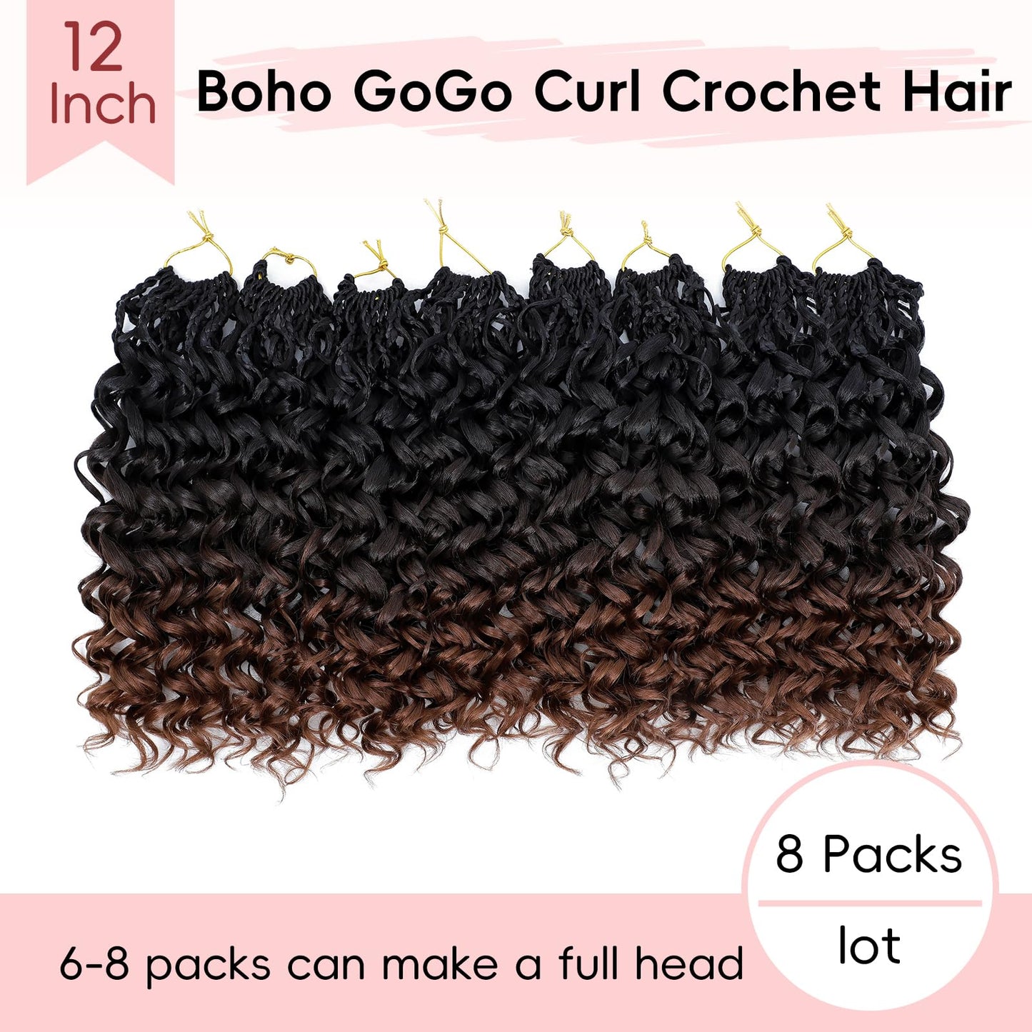 Aoisvk Pre looped GoGo Curl Crochet Hair 12 Inch 8pcs Curly Crochet Hair for Women Pre twisted Boho Box Braids with Curly Ends Water Wave Synthetic Hair Extensions Ombre Dark Brown to Brown 1B/4/30
