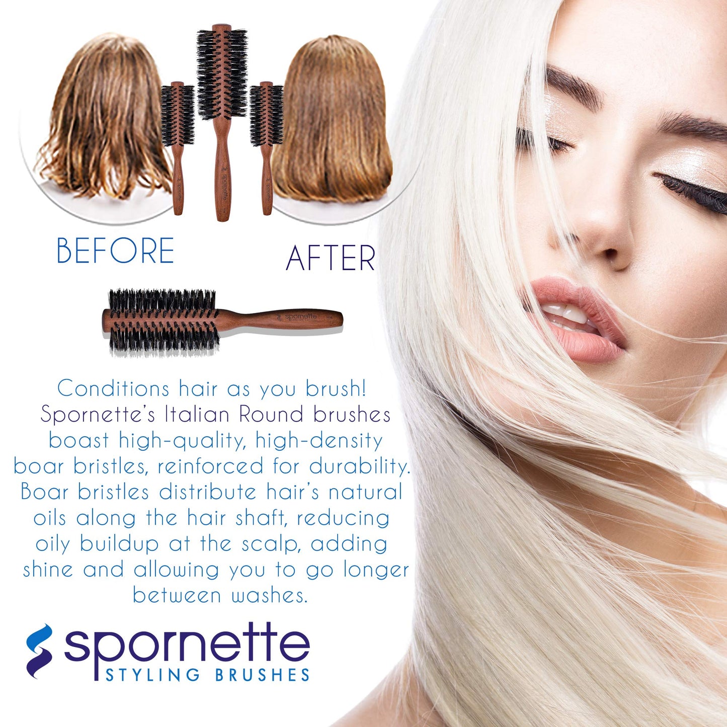 Spornette Italian Round Boar Bristle Brush - Large Round Brush for Blow Drying, Styling & Volumizing - Wooden Brush for Medium to Long Thick, Fine, Curly or Straight Hair (2.25 inch)