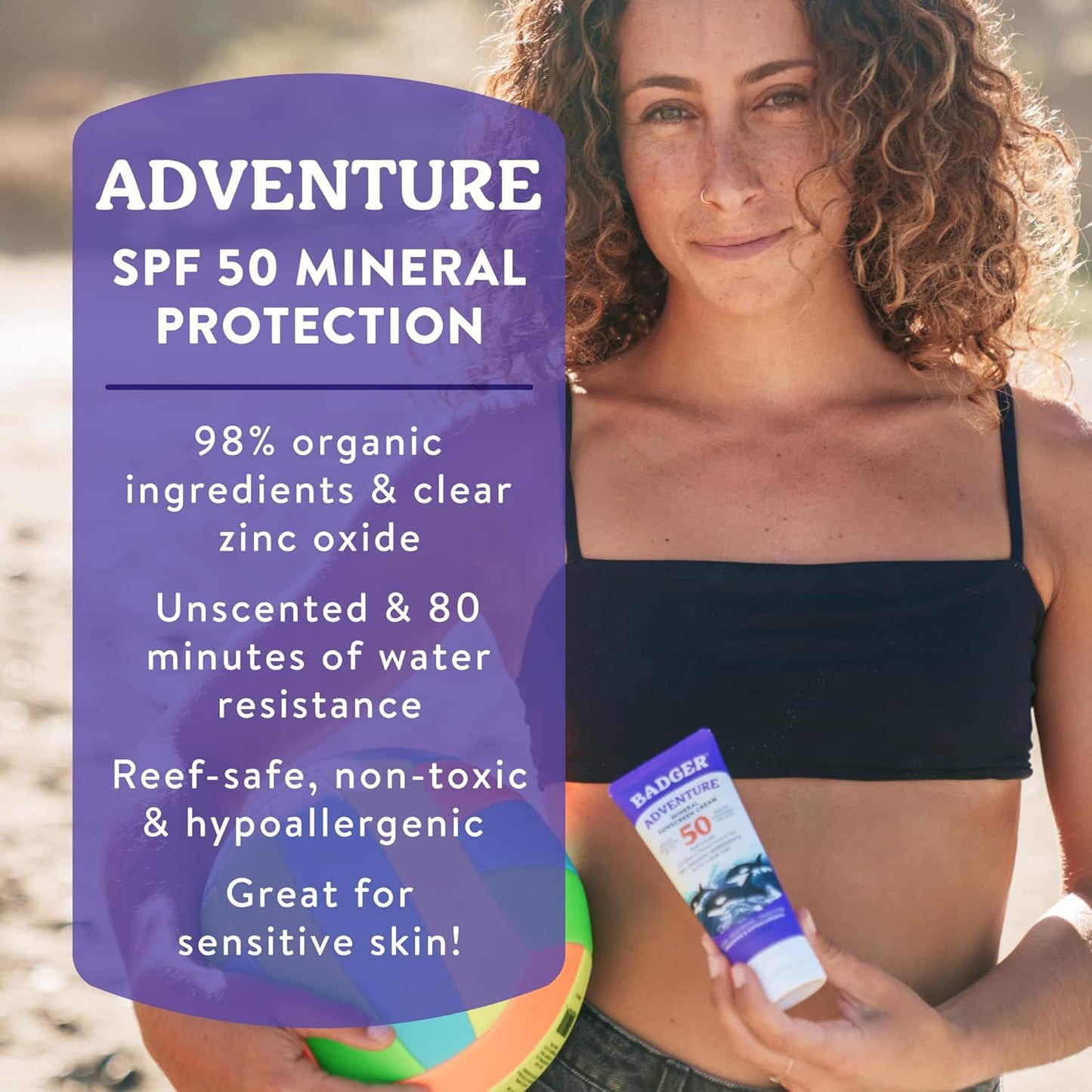 Badger Reef Safe Mineral Sunscreen SPF 50 - 98% Organic, Non-Toxic, Water Resistant, Unscented | 2.9 fl oz
