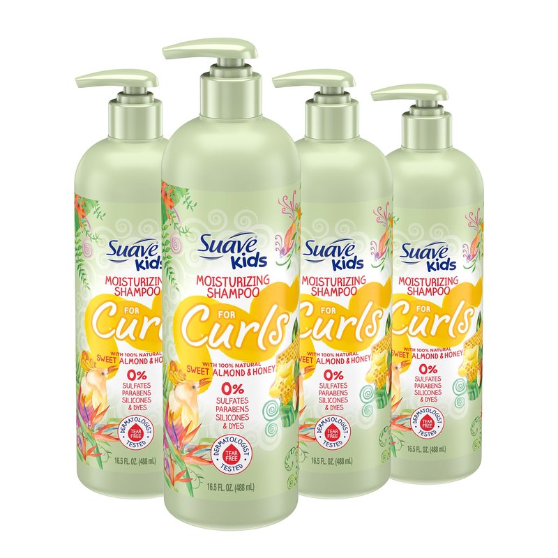 Suave Kids Natural Sweet Almond Honey Curly Hair Shampoo, Tear Free, No Sulfates, No Parabens, No Silicones, No Dyes, 16.5 Oz Pack of 4