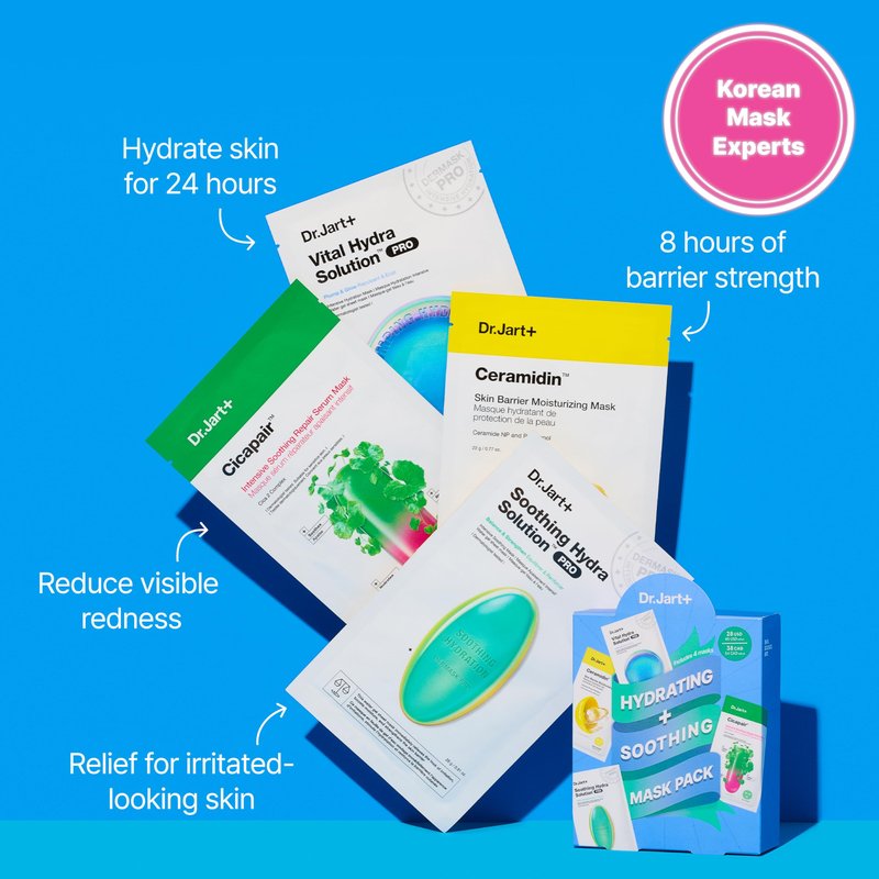 Dr.Jart+ Hydrating and Soothing Face Mask Value Set | 4 Korean Face Masks | Korean Skin Care Set | Gifts for Women