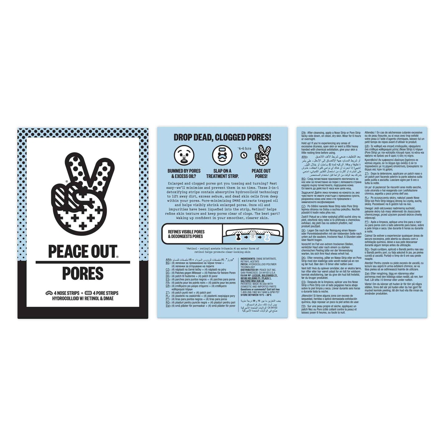 PEACE OUT Skincare Pore Minimizing Strips, Hydrocolloid Pore-Refining Nose and Face Strips with Retinol & Vitamin A to Shrink Enlarged Pores and Remove Blackheads (4 pore and 4 nose strips)