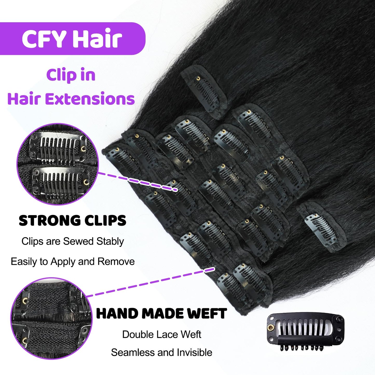 Clip in Hair Extensions Real Human Hair 12 inch Kinky Straight Clip ins For Black Women Remy Human Hair Extensions Clip ins Natural Color 8pcs 20 Clips 100g/Set