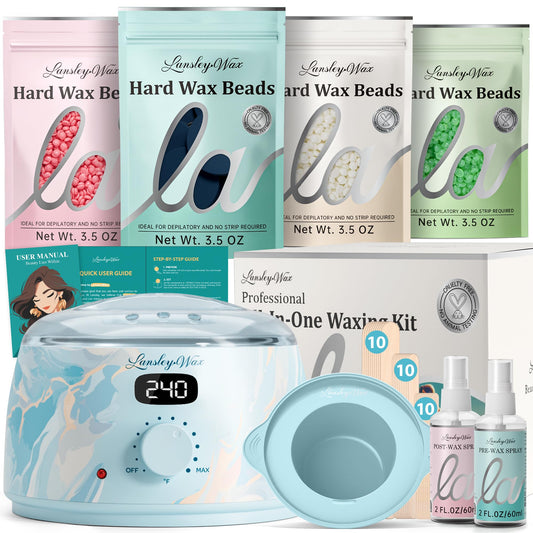 LANSLEYWAX Digital Waxing Kit for Women Men - Water Blue Waxing Machine with 39 Accessories - Hard Wax Kit for Arm Leg Brazilian Bikini Face Sensitive Skin, Wax Warmer Hair Removal for Home/Salon Use