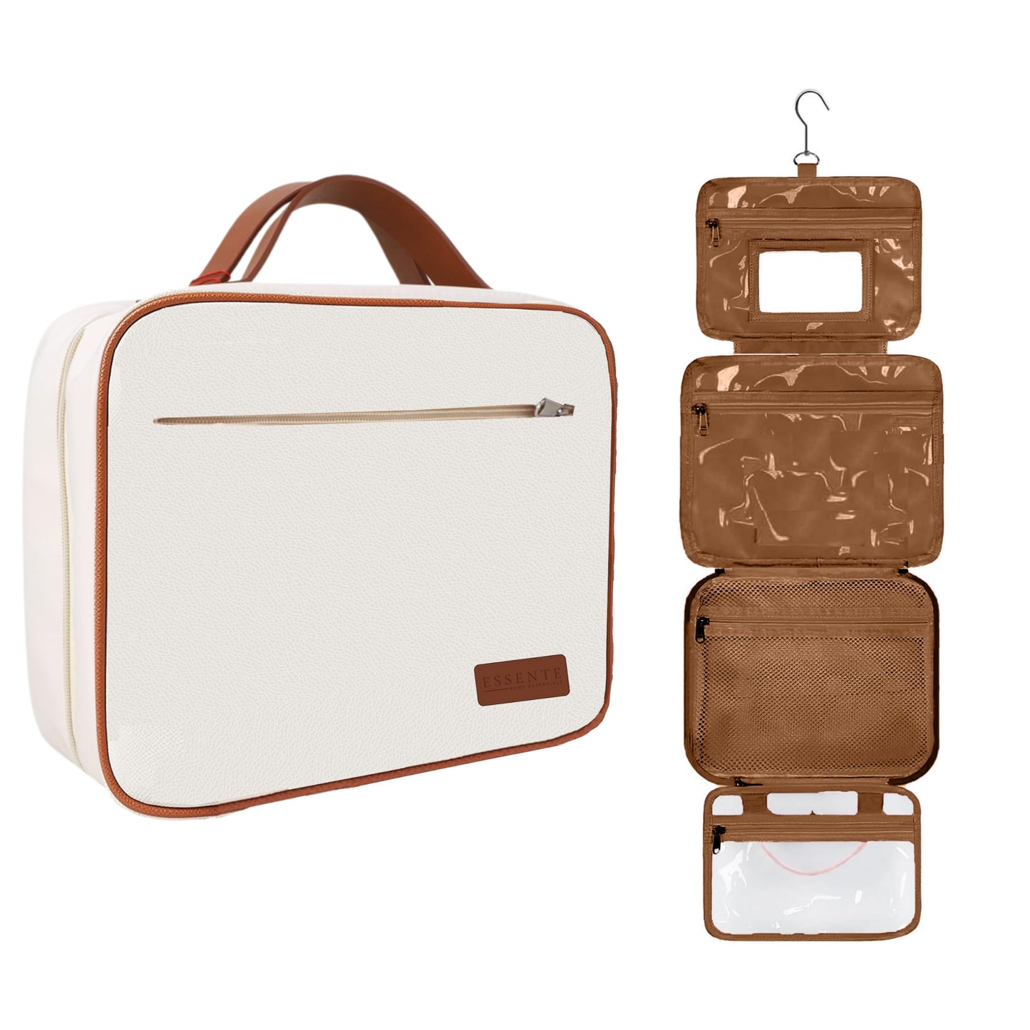 ESSENTE Women's Travel Toiletry Bag with Removable Pouch and Hanging Hook - Water Resistant Makeup Cosmetic Oraganizer with Multiple Compartments for Accessories (OFF WHITE FAUX LEATHER)