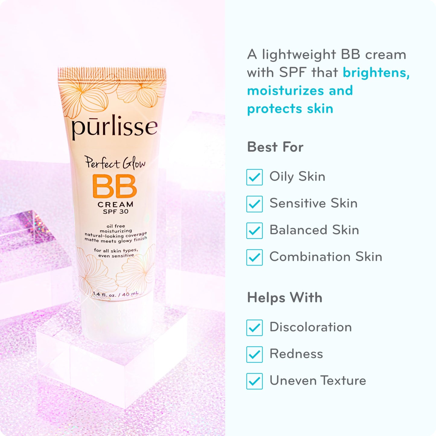 pūrlisse Perfect Glow BB Cream SPF 30 - Luminous Matte Tinted Moisturizer with SPF - Korean Skin Care Formula with Goji & Hawthorn Berry to Hydrate, Brighten & Even Skin - Medium (1.4 oz)