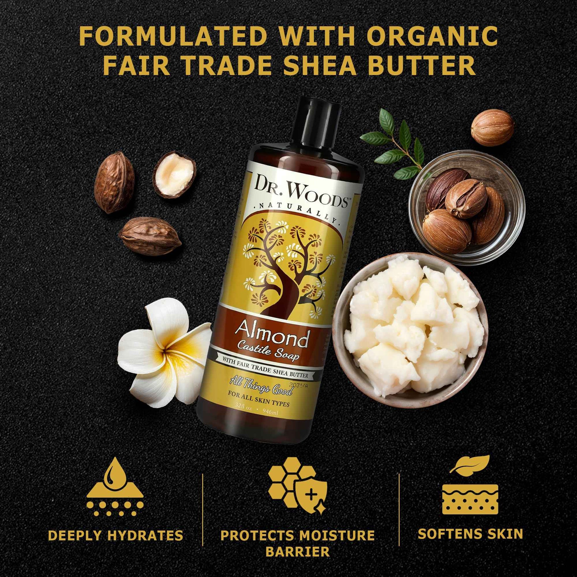 Dr. Woods Almond Liquid Castile Soap with Pump- Castile Soap with Pure Almond Oil, Body Wash for Men and Women, Contains Organic Shea Butter, Natural Cleaner for Face, Hands, and Body - 32 Fl Oz