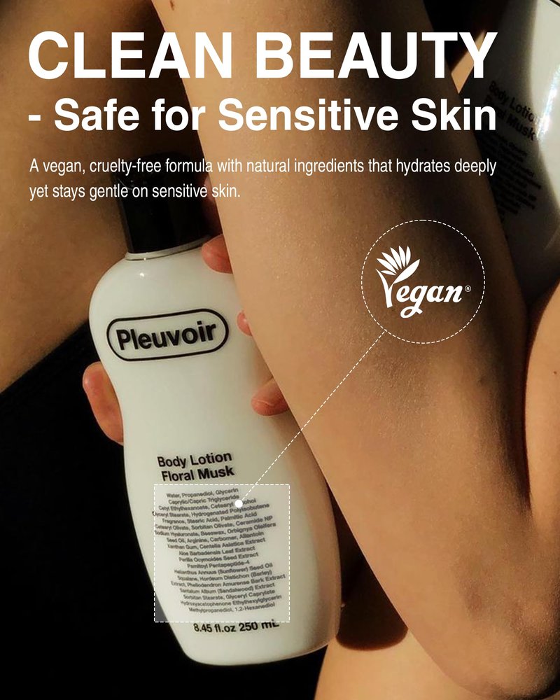 Pleuvoir Floral Musk Body Lotion for Women, Fast-Absorbing Perfume Cream with 5 Hyaluronic Acids, Ceramide NP & Peptide, Hydrating K-Beauty Moisturizer for Dry Skin, French MANE, Vegan, 8.45 fl oz