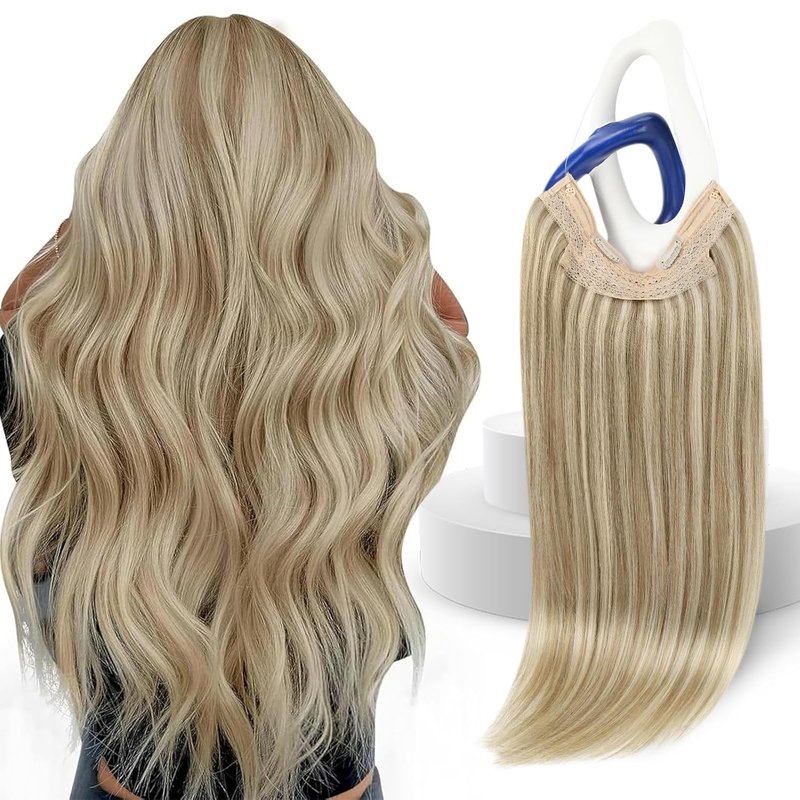 Real Human Hair Extensions - 18 Inch Soft Wire Hairpiece | Golden Blonde Highlights, Adjustable & Easy to Wear