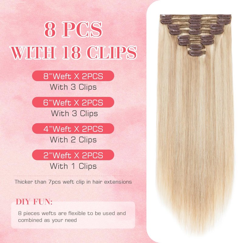 S-noilite Clip in Hair Extensions Human Hair, Ash Blonde to Bleach Blonde Balayage Remy Hair Extensions Double Weft 10 Inch Short Black Human Hair Extensions Clip ins for Women 110g 8pcs(#18P613)