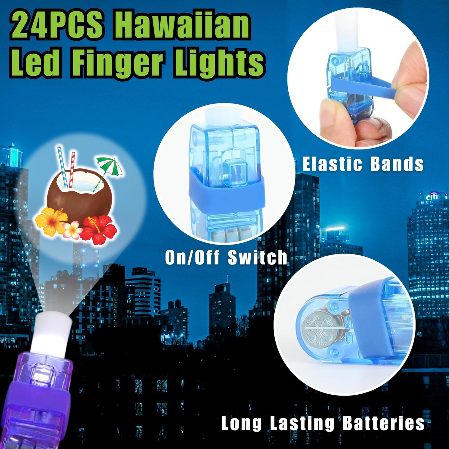 72 PCS Glow In The Dark Hawaiian Party Favors – 48 PCS Luminous Tattoos & 24 PCS LED Finger Lights Combo – Birthday Goodie Bag Fillers, Party Supplies, Gifts Light Up Toys for Boys and Girls