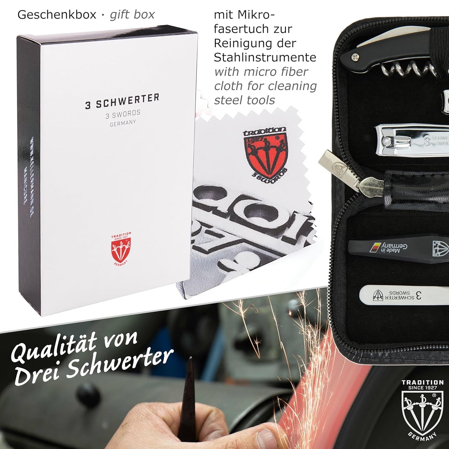 3 Swords Germany 5-Piece Manicure Pedicure Grooming Kit - Professional Nail Care Set in Fashion Leather Case | Gift Box Included