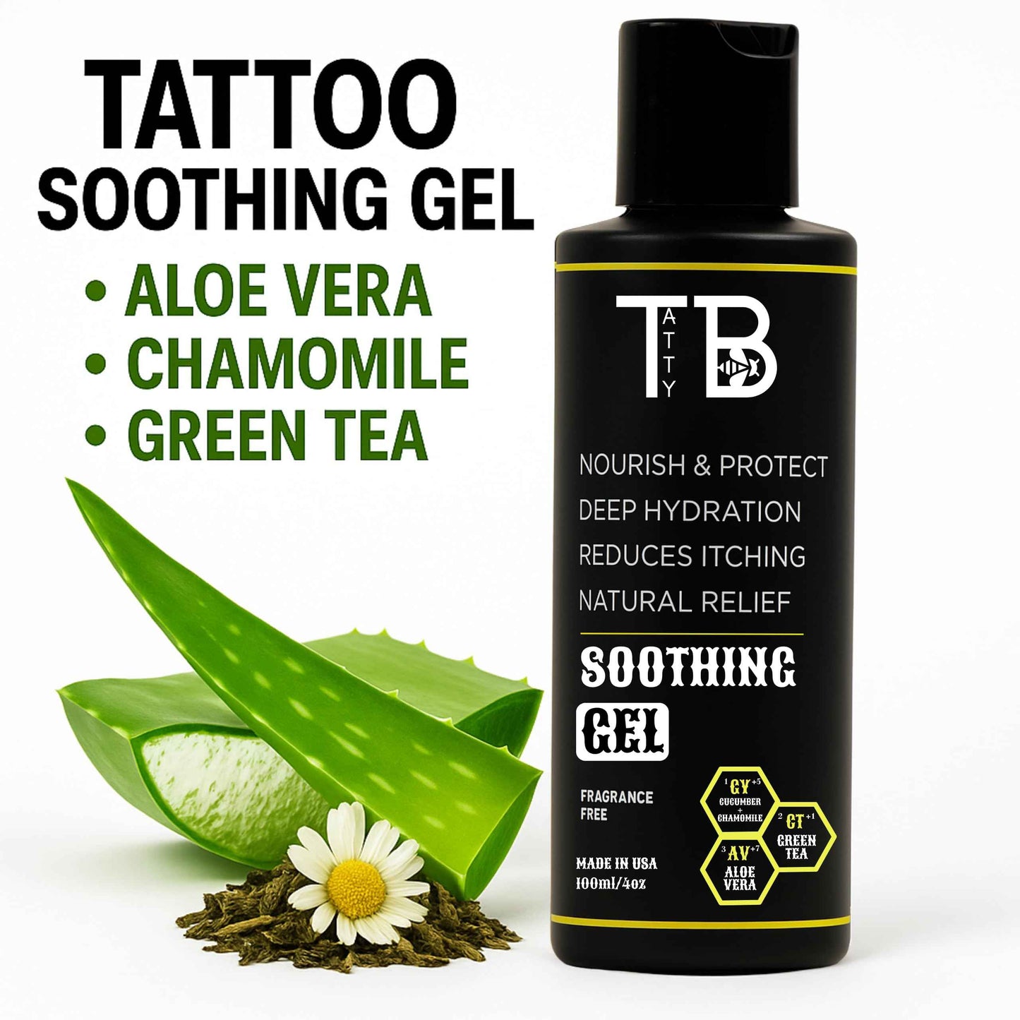 TattyBee Tattoo Soothing Gel & Moisturizer – Calming Aftercare for New Tattoos – Aloe, Green Tea, Chamomile & Cucumber – Fast-Absorbing, Fragrance-Free Hydration – 4oz