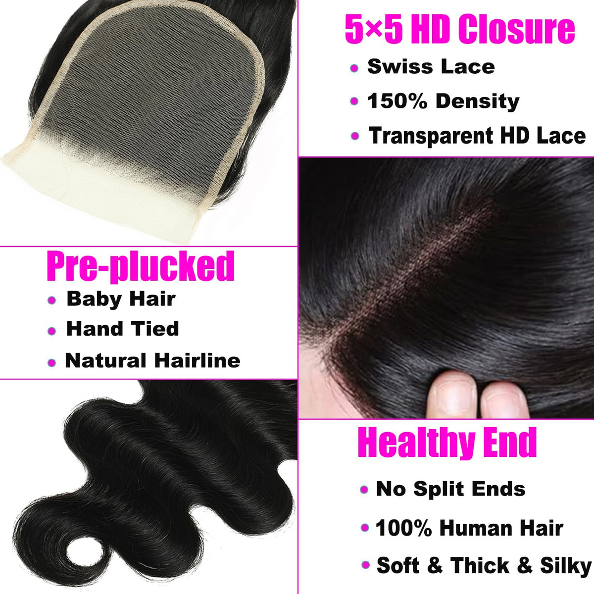 5x5 Hd Lace Closure Human Hair 16Inch Body Wave Hair Closure Invisible Lace 150% Density Real Transparent Lace Closure Virgin Remy Human Hair Frontal Closure Pre Plucked Natural Black