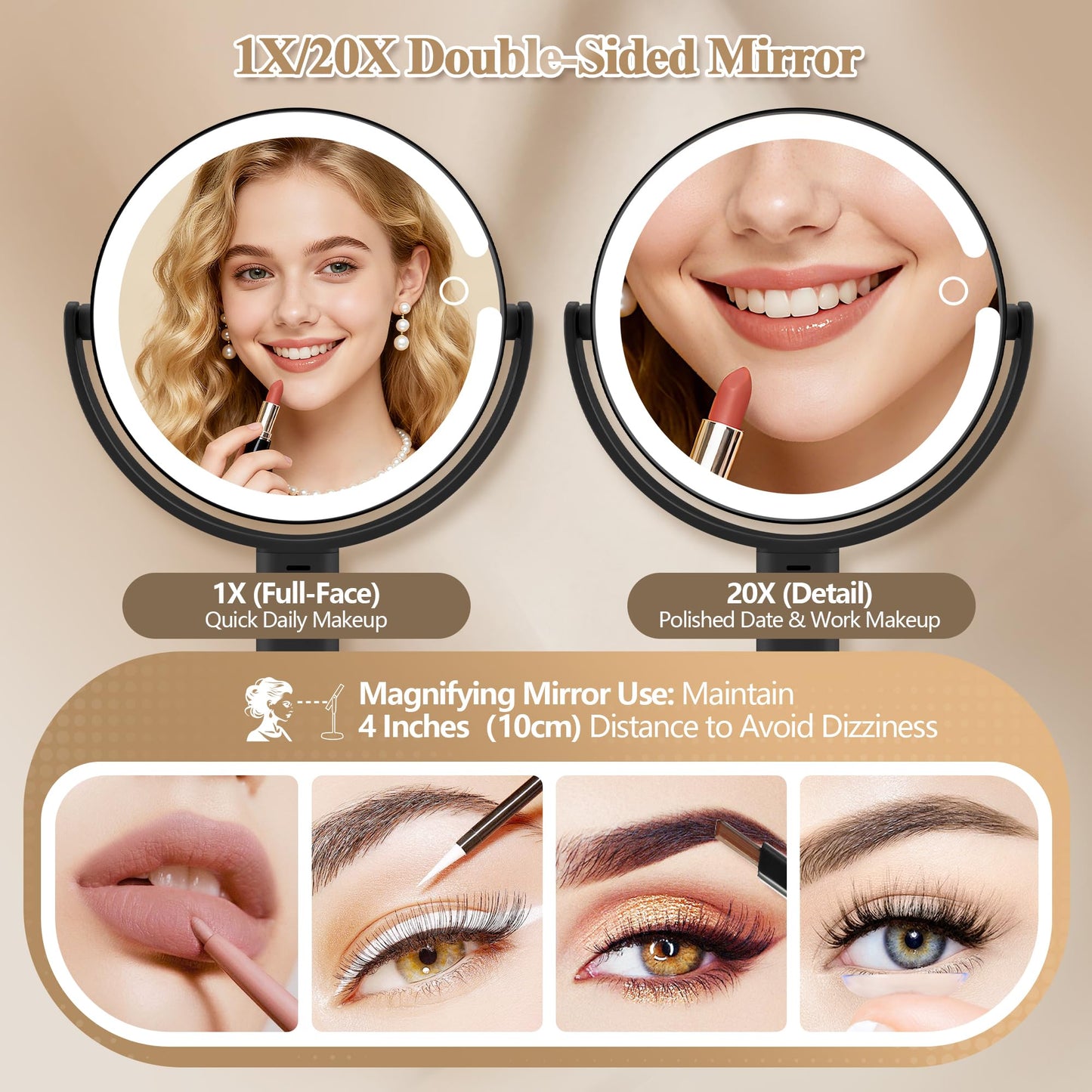 MOMOKUBA Makeup Mirror with Lights, Double Sided 1x/20x Magnifying Mirror with Light, Rechargeable 3 Color Lights Adjustable Brightness, 360° Rotation Detachable Comes with Tweezer (Rose-Gold)