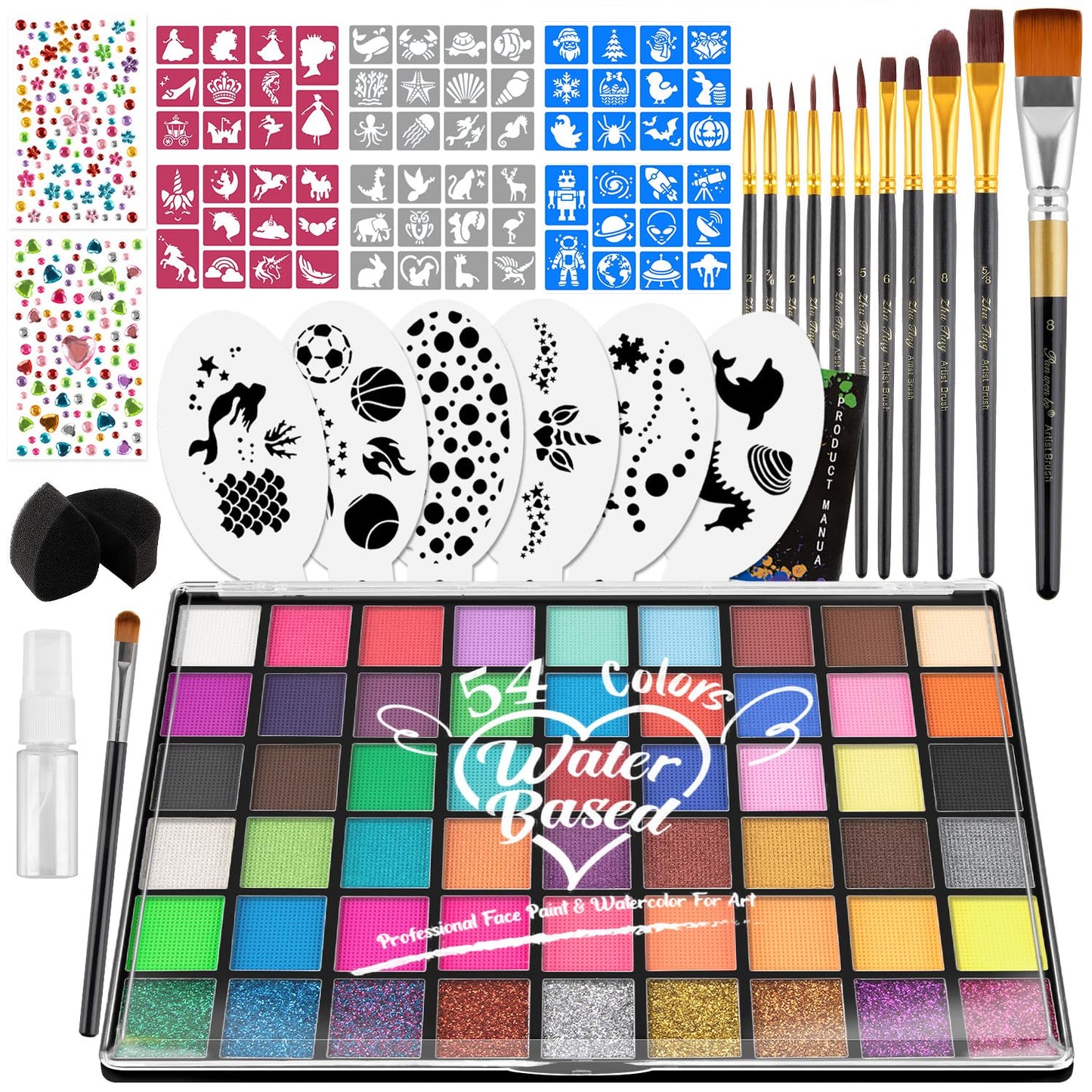 Face Painting Kit ,54 Colors Face Paint Makeup Kit,Non-Toxic Water Activated Facepaint Pallette with Brushes,Stencils,Sponge,Gems,For Halloween,Christmas Carnival, Party,cosplay ctc.