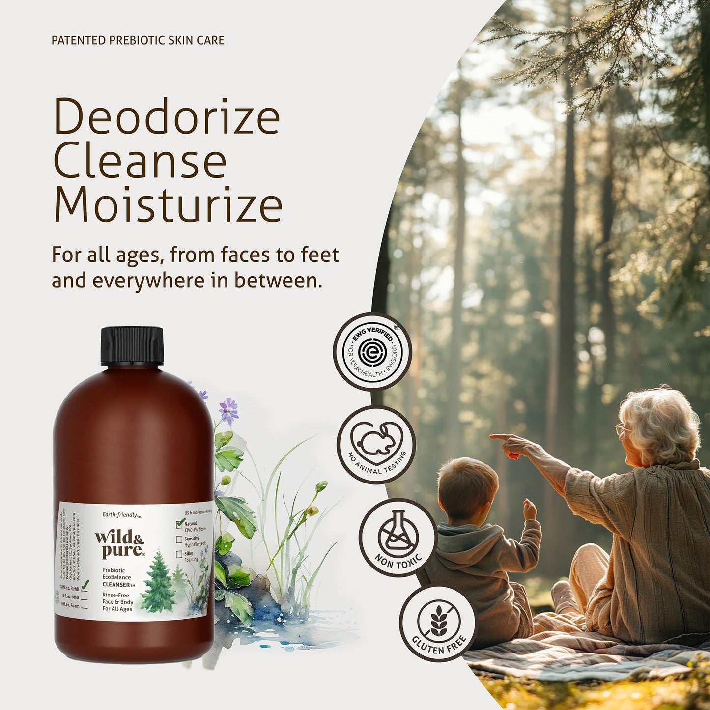 Wild & Pure EWG Verified Natural Body Wash Refill (18oz) for Foamers/Spray | Cleanser, Deodorizer, Moisturizer | Face, Hands, Body | pH-Balanced, Microbiome-Friendly, Plant-Based | Refillable Skincare