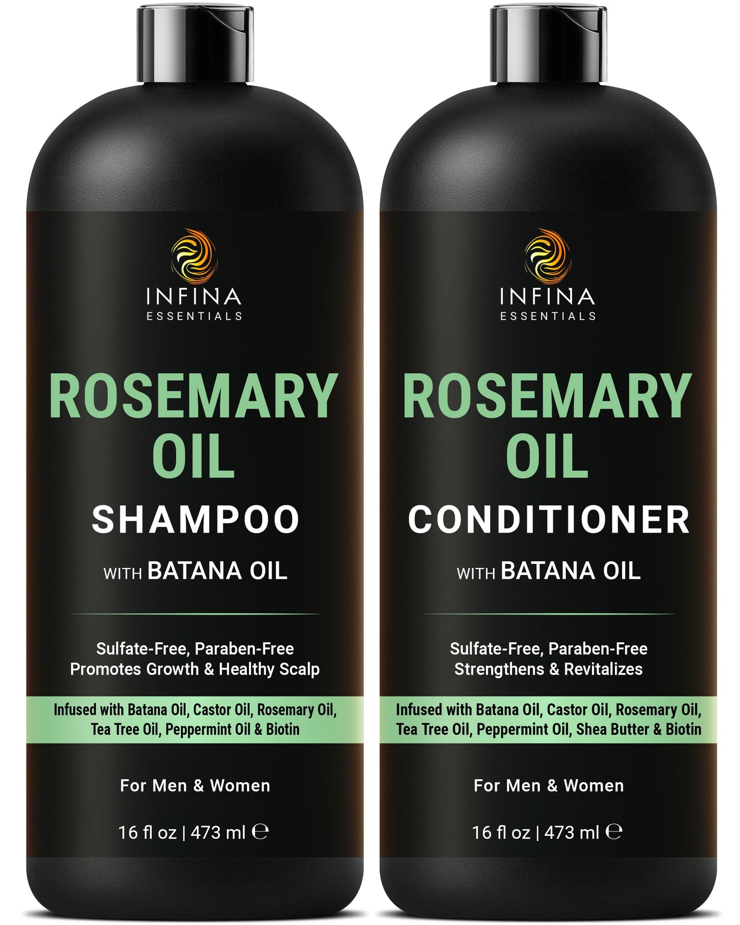 INFINA ESSENTIALS Rosemary Oil Shampoo and Conditioner Set | 16 fl oz Each | with Batana Oil & Biotin | Sulfate-Free Thickening Formula for Thinning Hair | For Men & Women