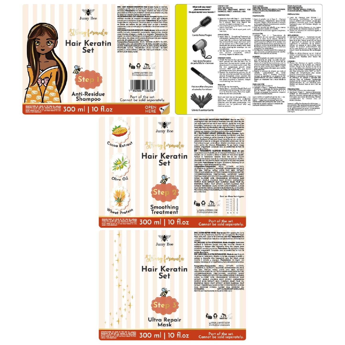 Brazilian Keratin Treatment Kit - Jumy Bee 3 Steps | Formaldehyde-Free At Home Hair Straightening & Smoothing System |Keratina para Alisar el Pelo | Anti-Frizz Repair Mask & Shampoo (10 Fl OZ)
