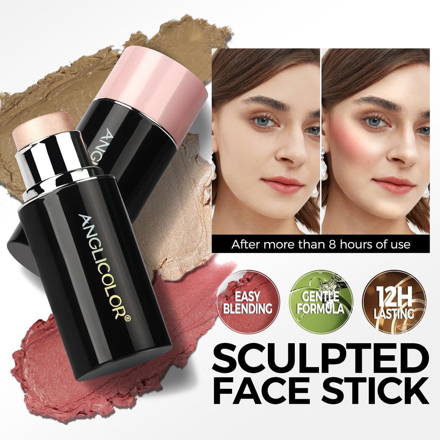 3PC Anglicolor Highlighter Long Lasting,Contour Stick Makeup Naturally,Blush Makeup Smoothing,High Color Rendering,Easy To Mix,Vegan & Cruelty-Fre (3PC)