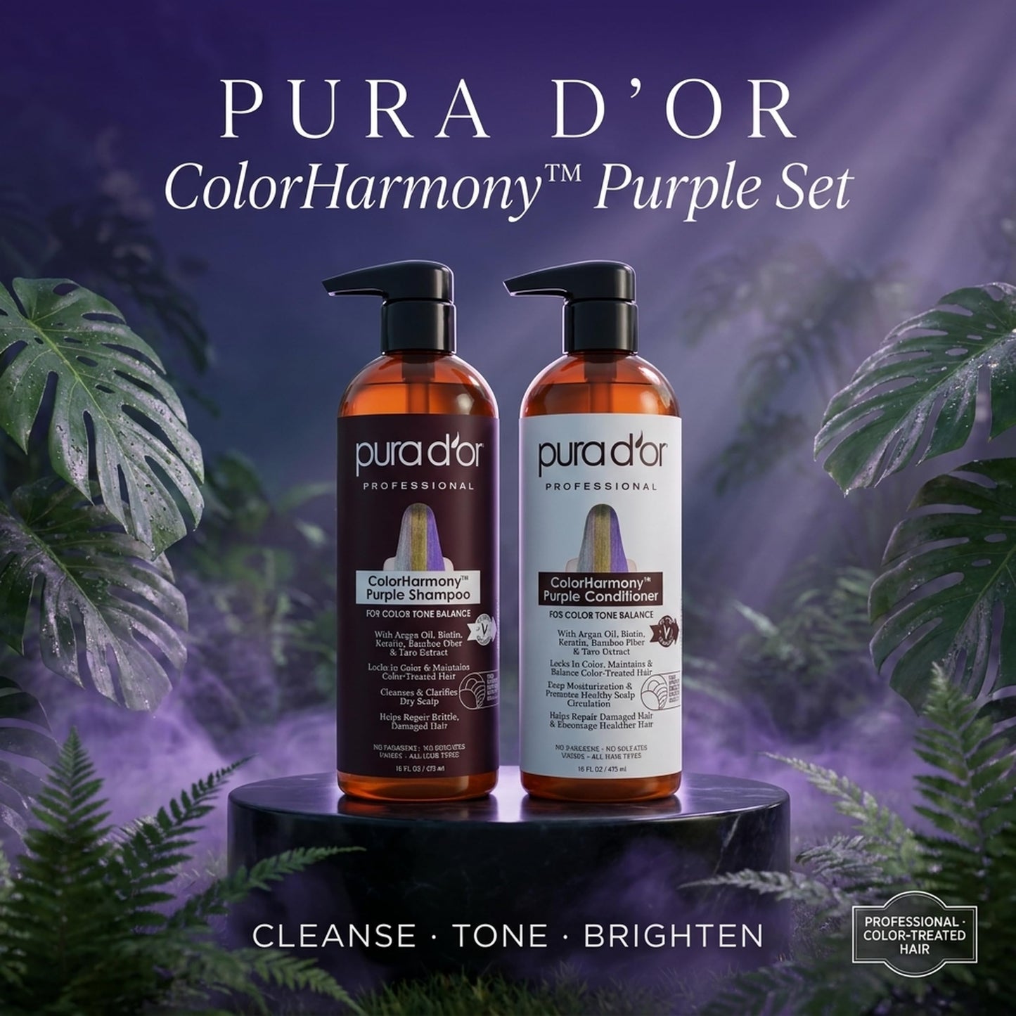 PURA D'OR Purple Shampoo & Conditioner (16oz x 2) ColorHarmony Biotin Set For Bleached, Blonde, Silver & Color Treated Hair - Keratin, Bamboo Fiber, No Sulfates - Men & Women